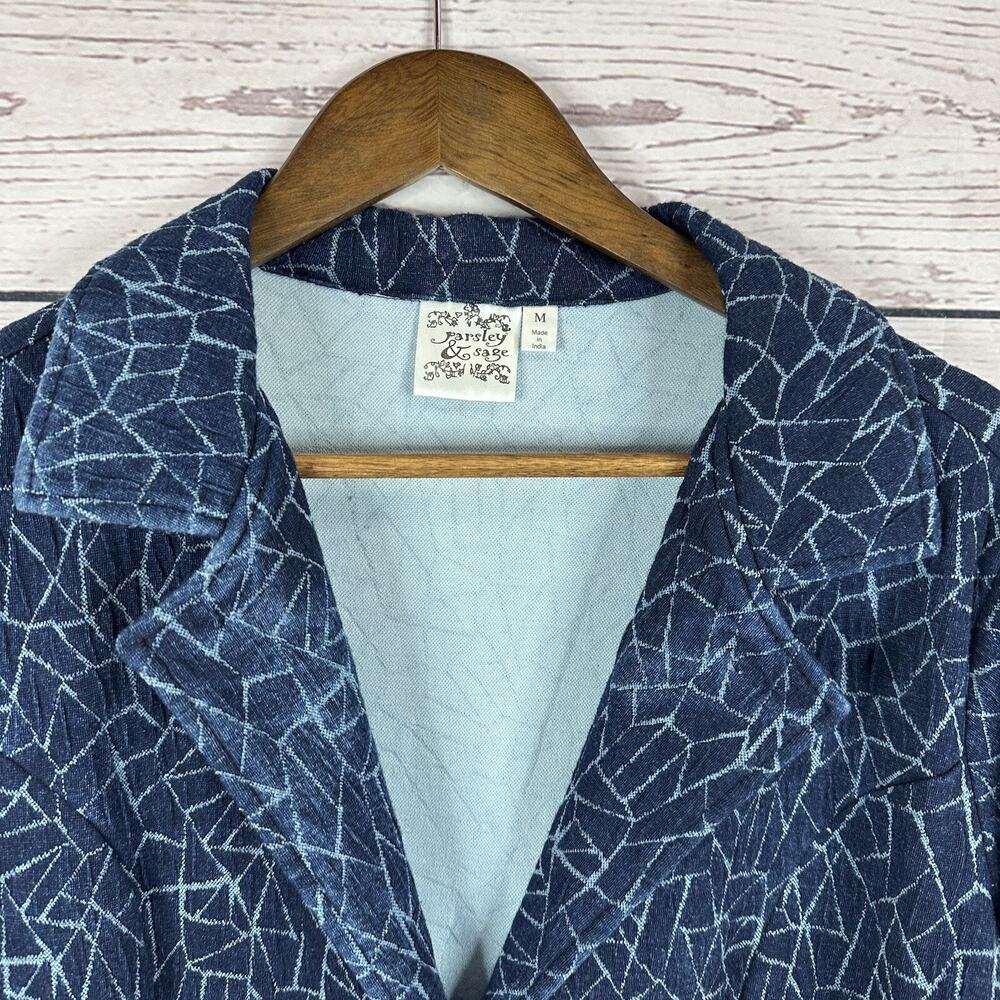 Parsley Sage Jacket Womens Medium Blue Knit Blazer Button Art Relaxed Stretch - Picture 2 of 12